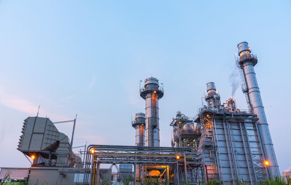 Gas turbine power plant at dusk
